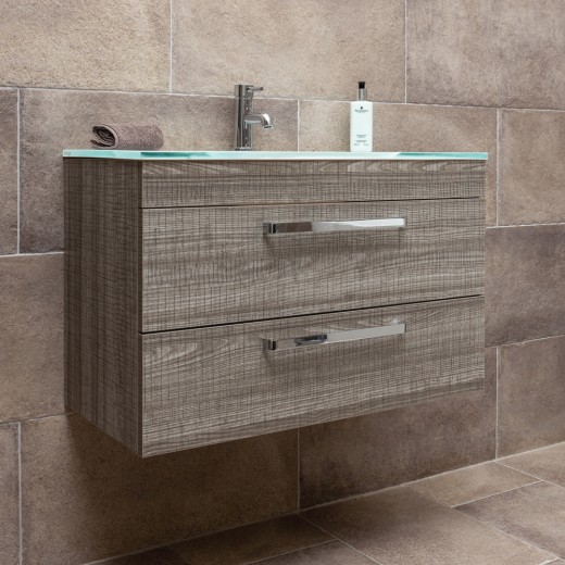 Newton Grey Wood Effect Bathroom Wall Vanity Unit Glass Sink