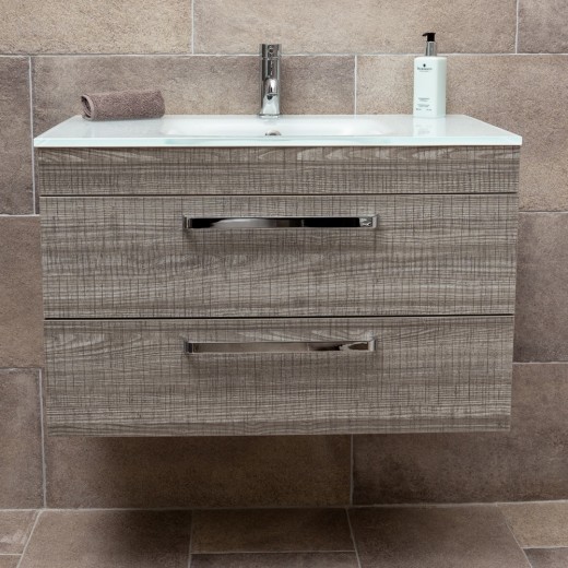 Newton Grey Wood Effect Bathroom Wall Vanity Unit Glass Sink
